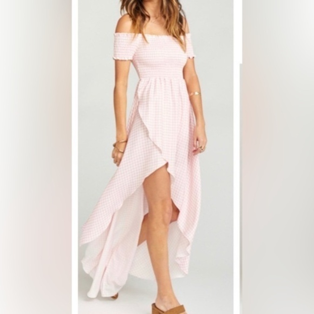 Show Me Your Mumu Willa Pink & White Gingham Hi-Low Maxi Dress Size XS